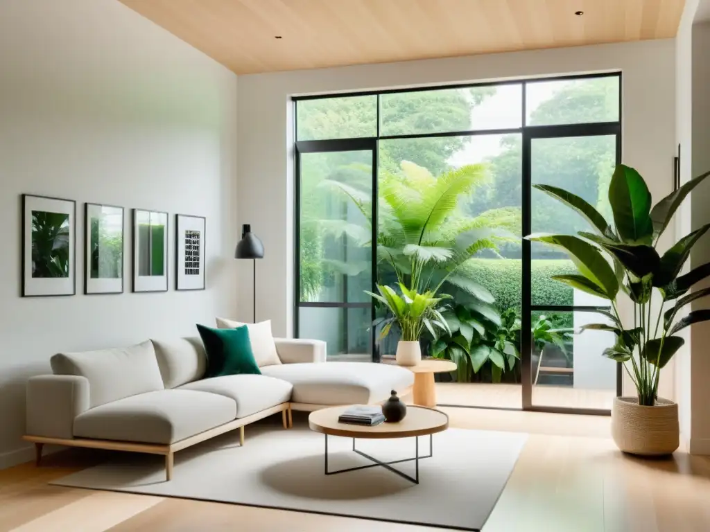 Diseño interior con plantas de interior: Sala minimalista con ventana de piso a techo y una exuberante planta en maceta moderna