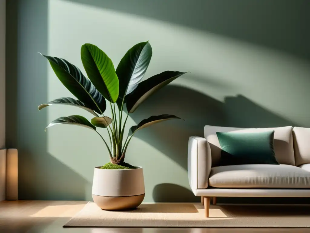 Diseño interior con plantas de interior: Salón minimalista con planta en maceta moderna, luz natural y armonía de colores