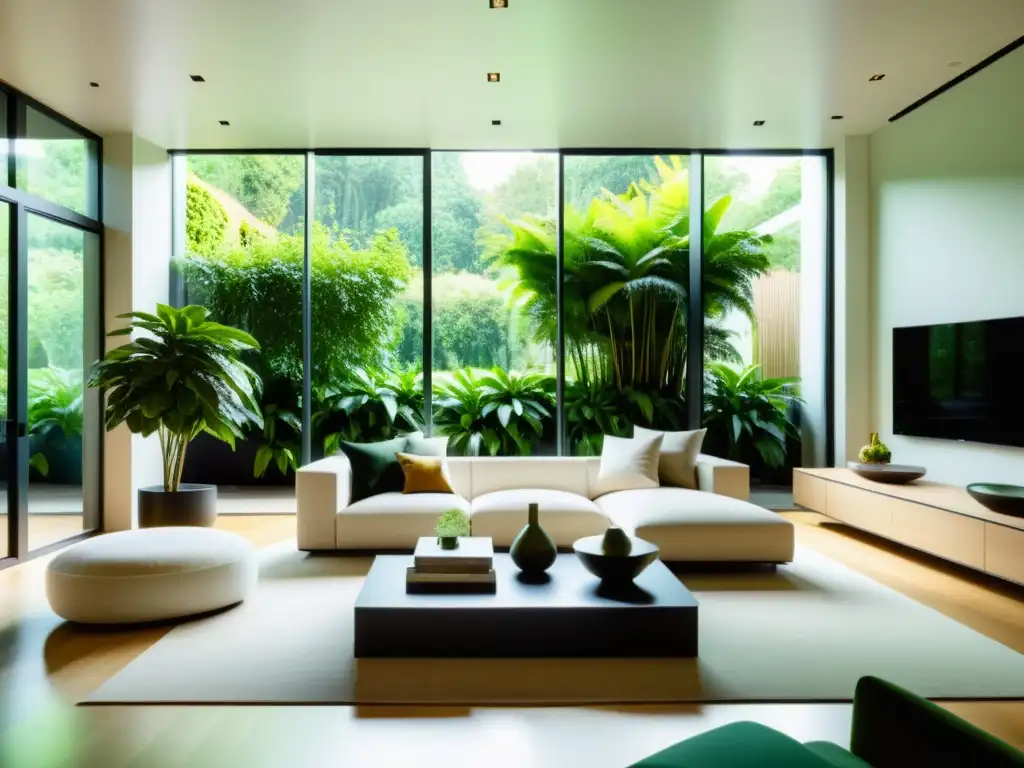 Interior con plantas purificadoras de aire en moderno salón minimalista con ventanales y luz natural