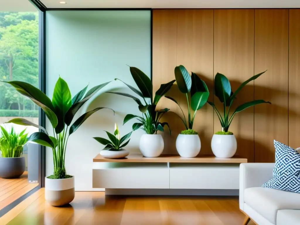 Interior con plantas purificadoras de aire, sala moderna con plantas en estantes de madera junto a ventana panorámica