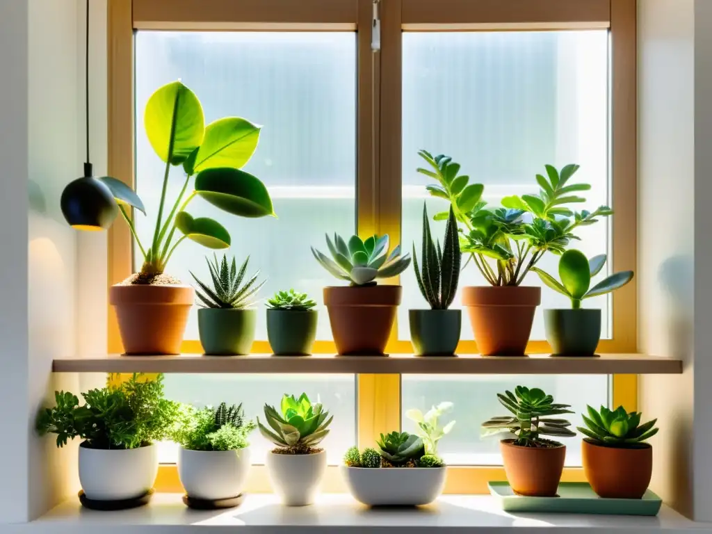 Un jardín interior con plantas variadas en ubicación óptima para plantas de interior, bañadas por luz natural