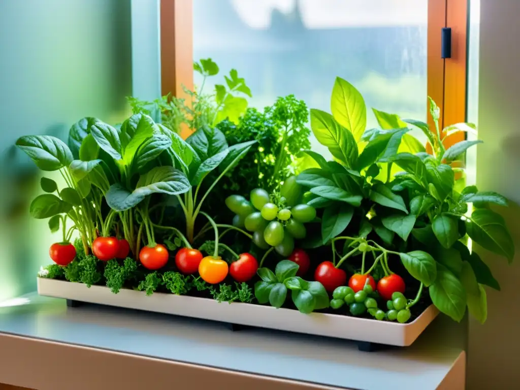 Un jardín interior rebosante de plantas comestibles: hierbas, lechugas y tomates maduros, bañados por la luz del sol