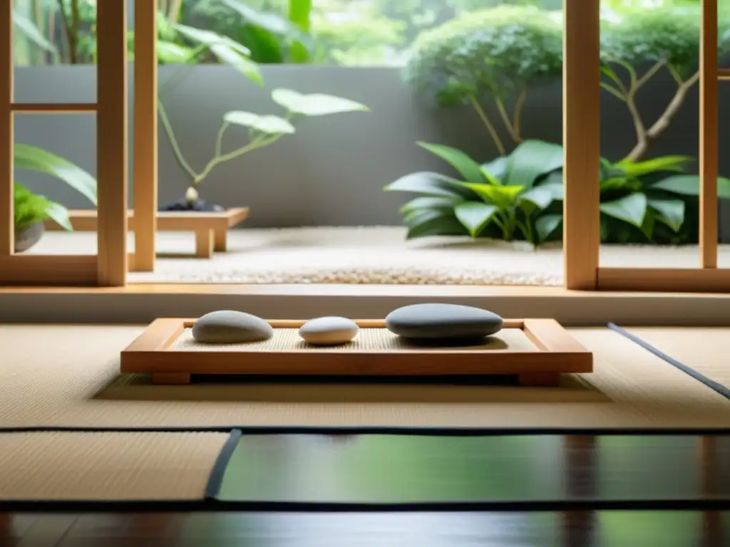 Un jardín Zen de interior con rocas, un puente de madera y arena rastrillada, iluminado por luz natural