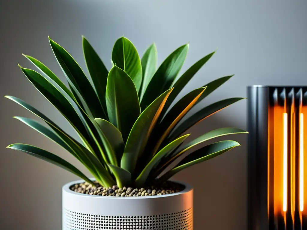 Planta interior sana con hojas verdes vibrantes junto a un elegante calentador, destacando los efectos calefacción en plantas interiores