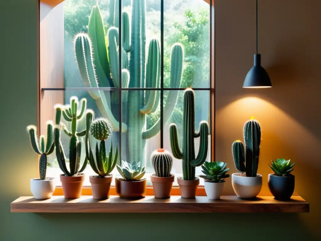 Un rincón interior sereno con cactáceas cuidadosamente dispuestas en una estantería de madera, bañadas por la luz del sol