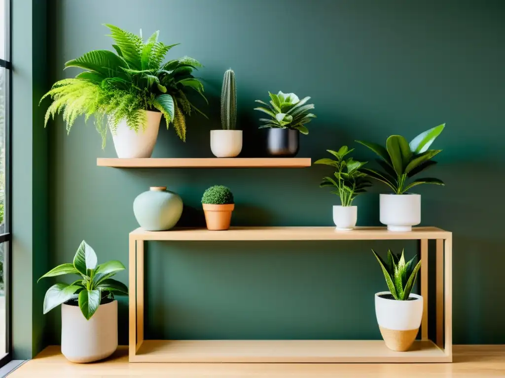 Un jardín interior sereno con cuidado de plantas en casa, lleno de luz natural y plantas exuberantes en estantes modernos