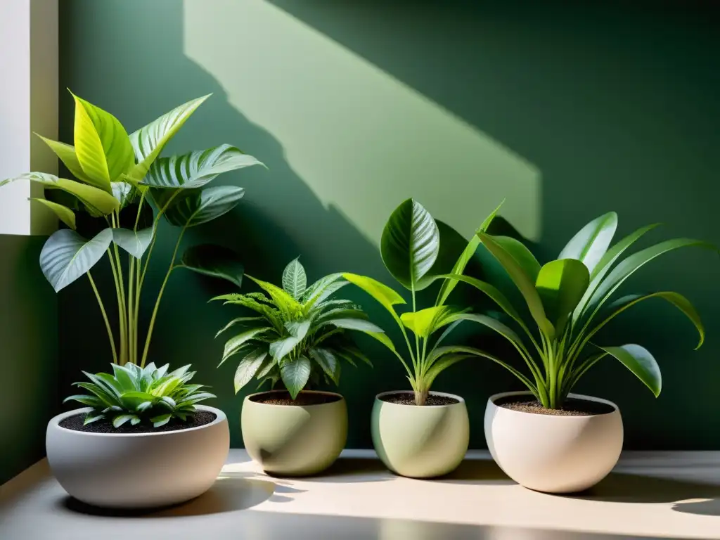 Un jardín interior sereno y elegante con plantas de interior beneficios estrés en macetas minimalistas, patrones de hojas y luz natural