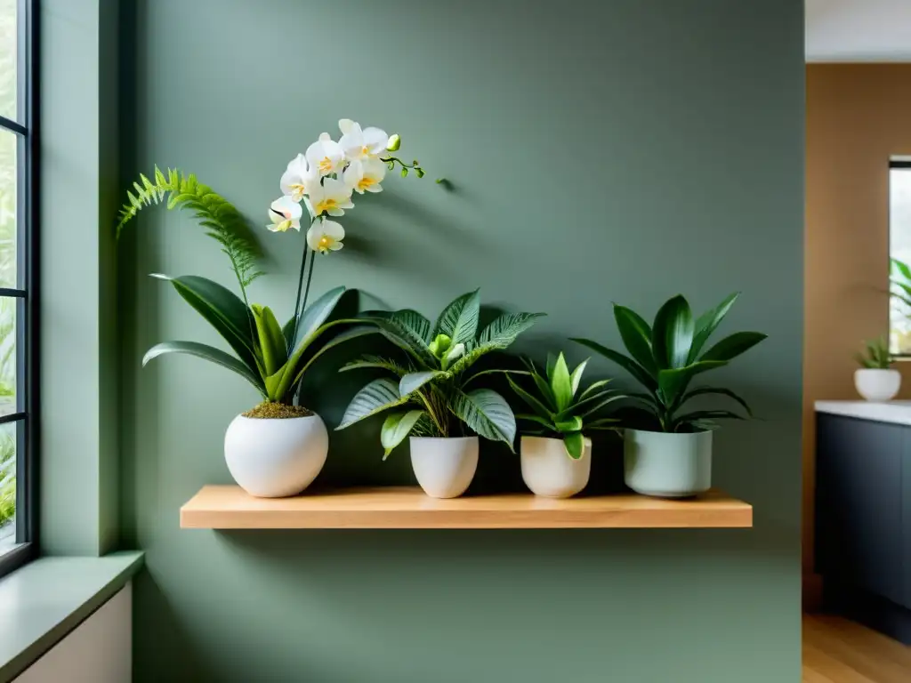 Un rincón interior sereno con un estante lleno de cultivo de plantas de clima frío, bañado por suave luz natural filtrada