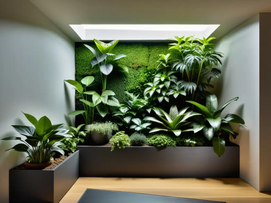 Un jardín interior sereno con exuberante follaje verde en un rincón con poca luz, creando un oasis tranquilo y acogedor