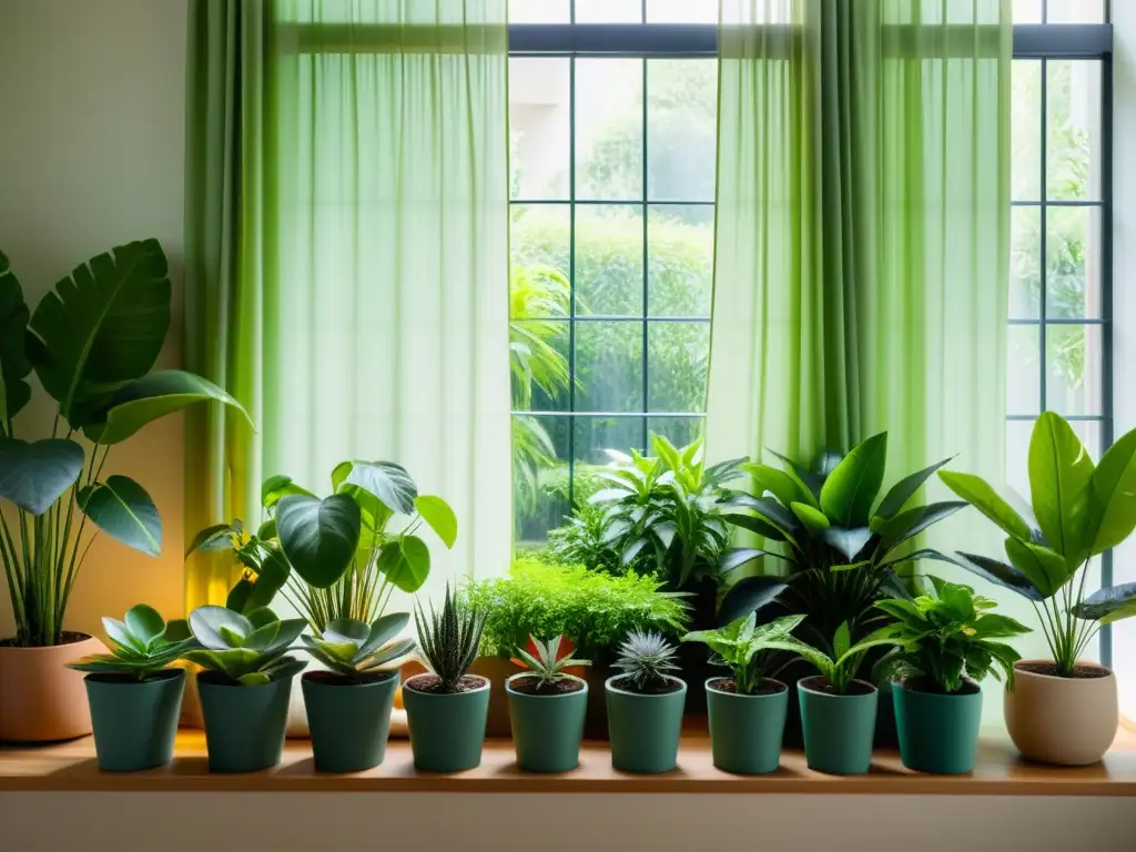 Un jardín interior sereno y exuberante con plantas en macetas, bañado en luz natural suave