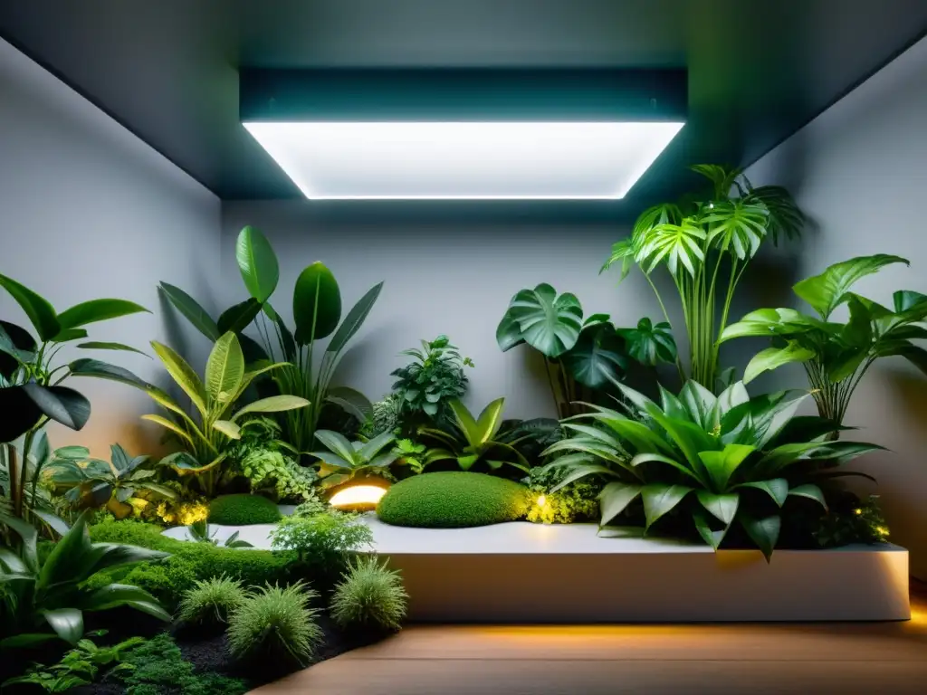 Un jardín interior sereno iluminado por luces LED suaves que resaltan el verdor de las plantas, creando una atmósfera tranquila y beneficiosa