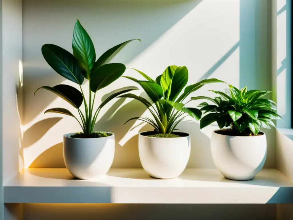 Un jardín interior sereno iluminado por el sol, con plantas exuberantes en macetas blancas sobre estantes modernos