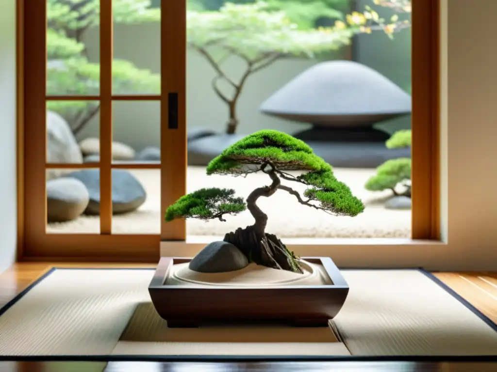 Crear jardín zen plantas interior: Un sereno jardín zen interior con arena blanca cuidadosamente rastrillada, rocas estratégicamente ubicadas y un pequeño bonsái perfectamente podado en el centro