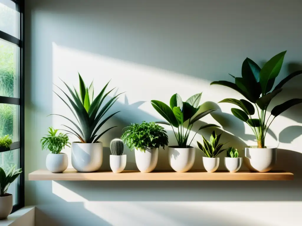 Un jardín interior sereno y minimalista bañado por la luz del sol, con plantas verdes exuberantes en estantes modernos