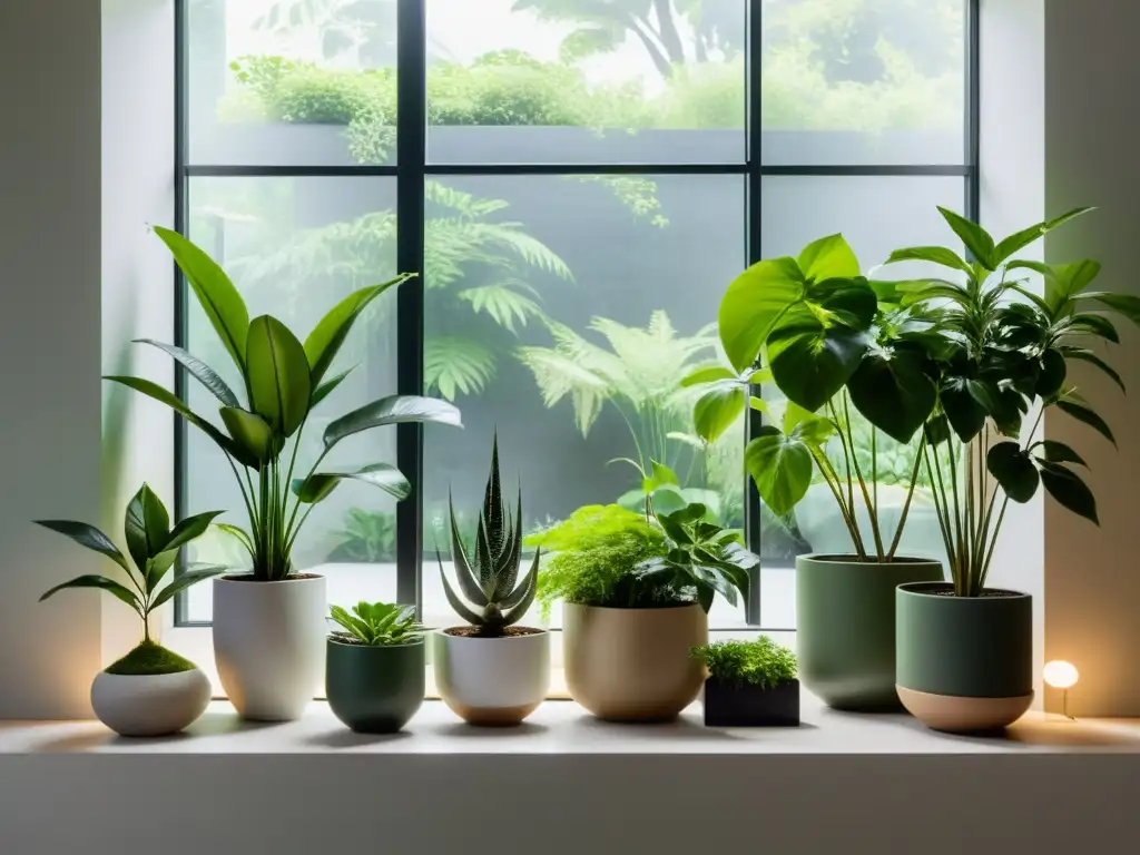 Un jardín interior sereno y minimalista con cuidado de plantas y sostenibilidad, iluminado por la suave luz natural