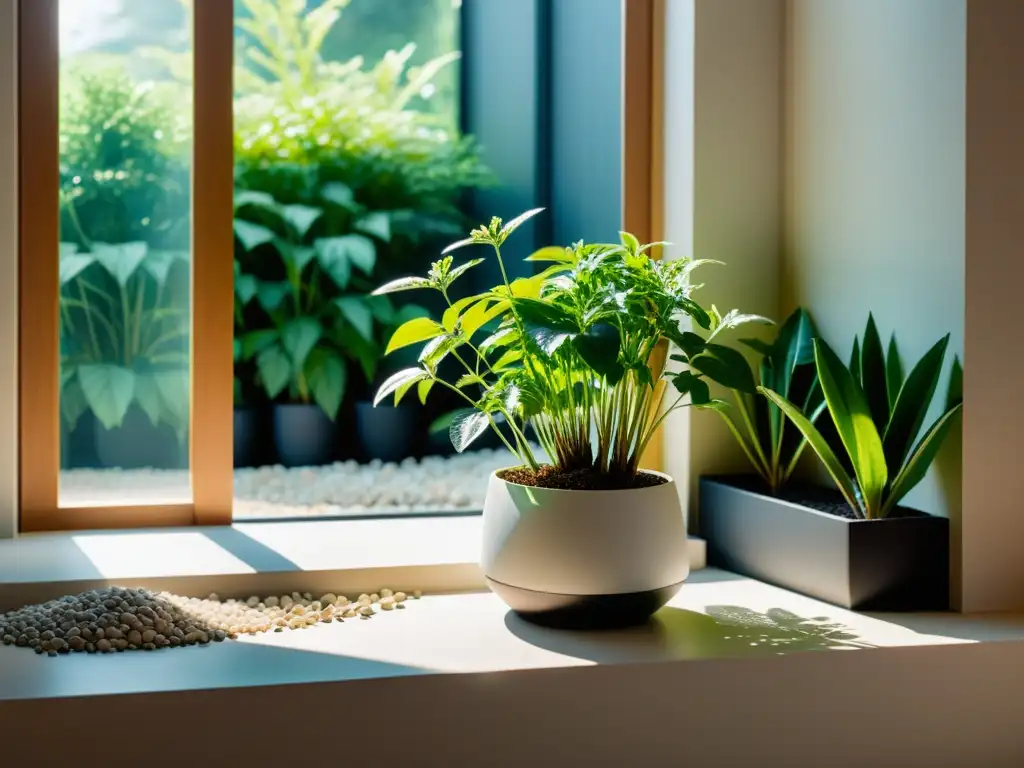 Un jardín interior sereno y minimalista con un exuberante cultivo de valeriana iluminado por el sol