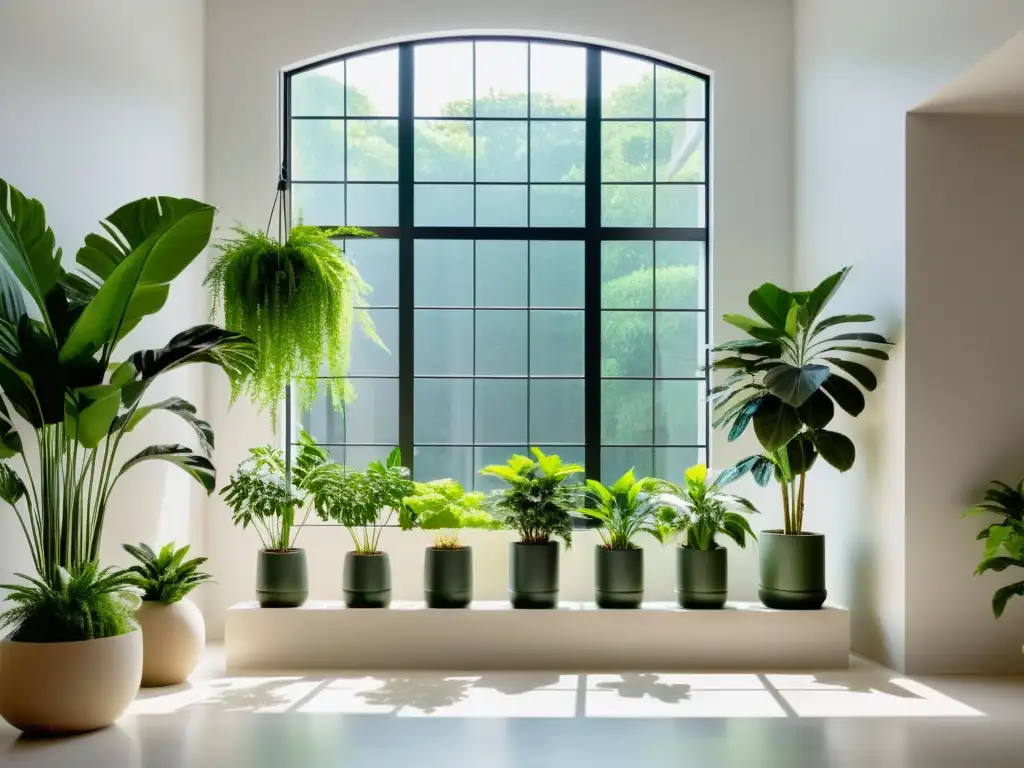 Un jardín interior sereno y minimalista con exuberantes plantas verdes en macetas modernas, en un espacio simple y acogedor