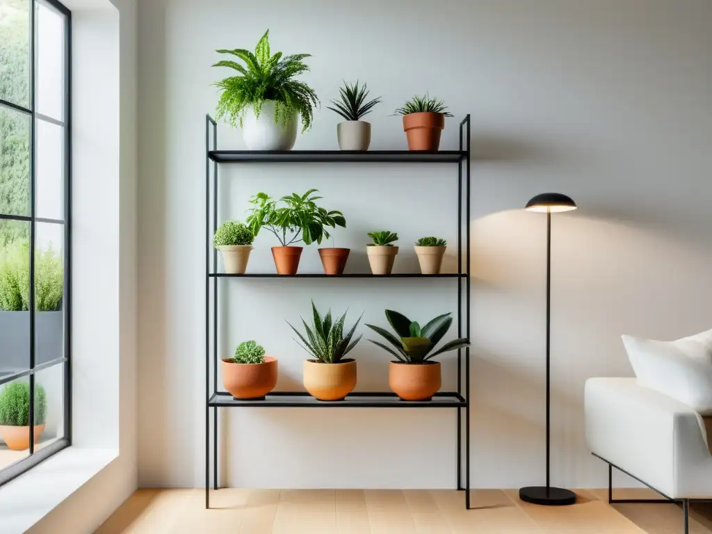 Un jardín interior sereno y minimalista con plantas en estantes modernos