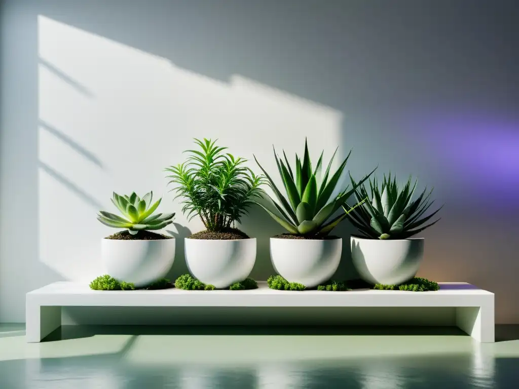 Un jardín interior sereno y minimalista con plantas medicinales como aloe vera, lavanda y menta en elegantes macetas modernas