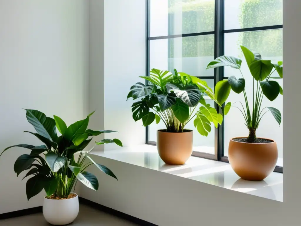 Un jardín interior sereno y minimalista con plantas de interior para purificar aire, creando un ambiente armonioso y tranquilo