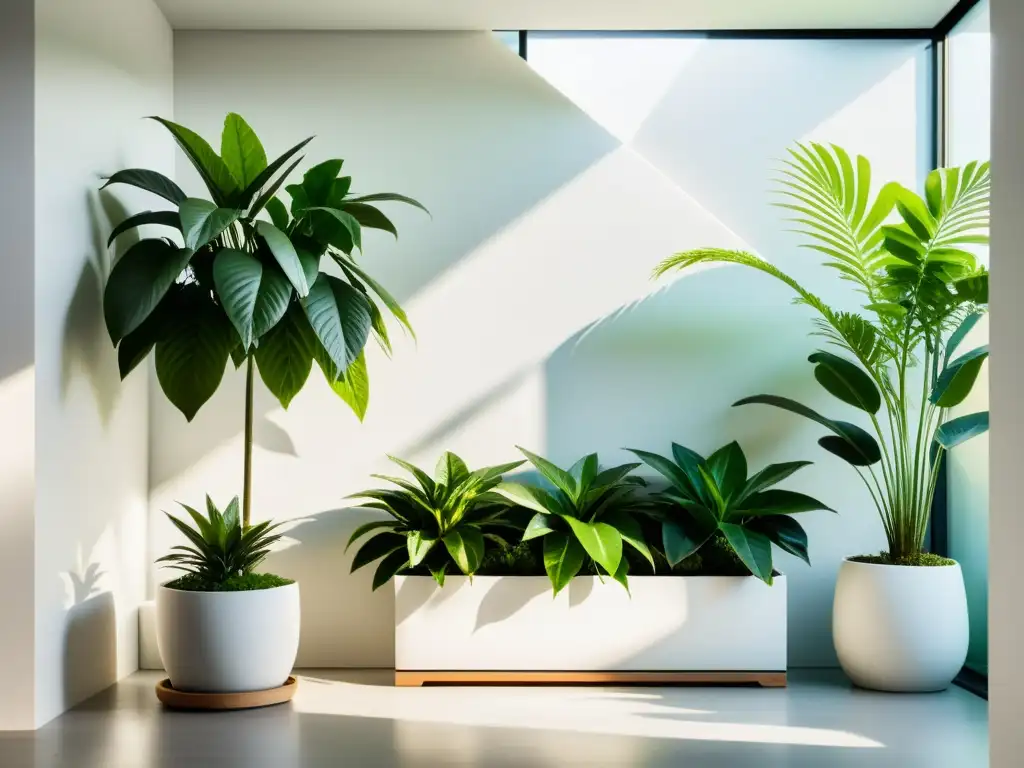 Un jardín interior sereno y minimalista con plantas exuberantes en macetas modernas, iluminado por luz natural