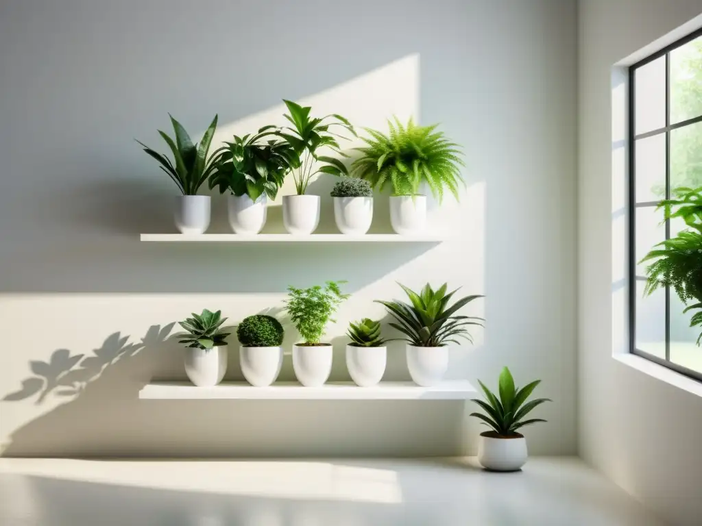 Un jardín interior sereno y minimalista con plantas verdes exuberantes en estantes modernos, iluminado por luz natural