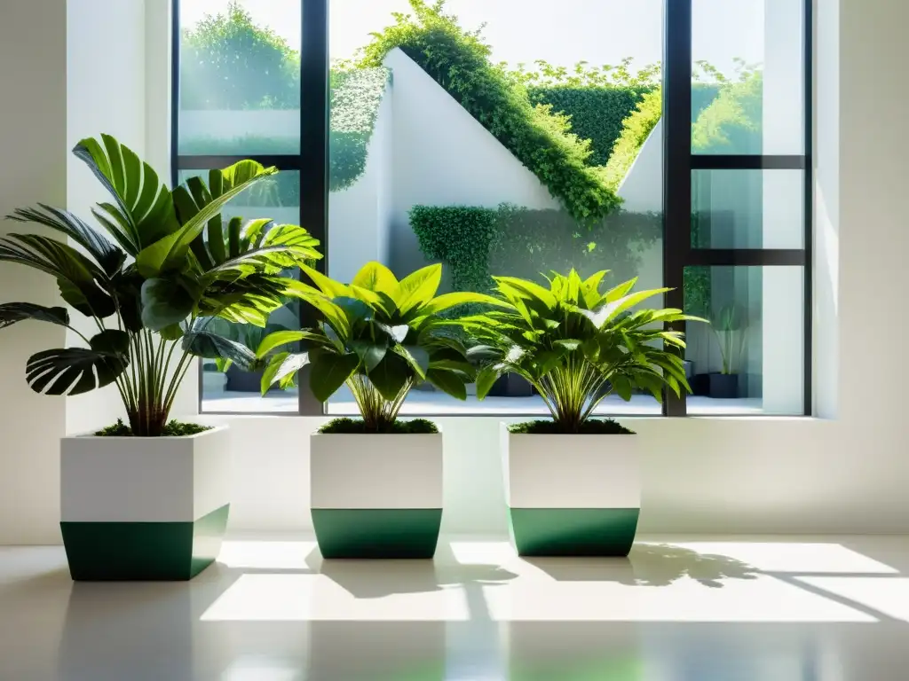 Un jardín interior sereno y minimalista con plantas verdes vibrantes en macetas geométricas, iluminado por la luz natural