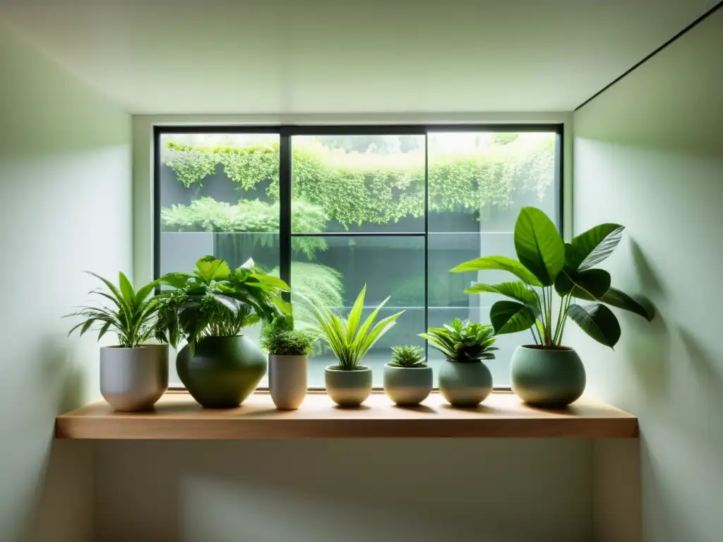 Un jardín interior sereno y minimalista con plantas exuberantes en macetas geométricas