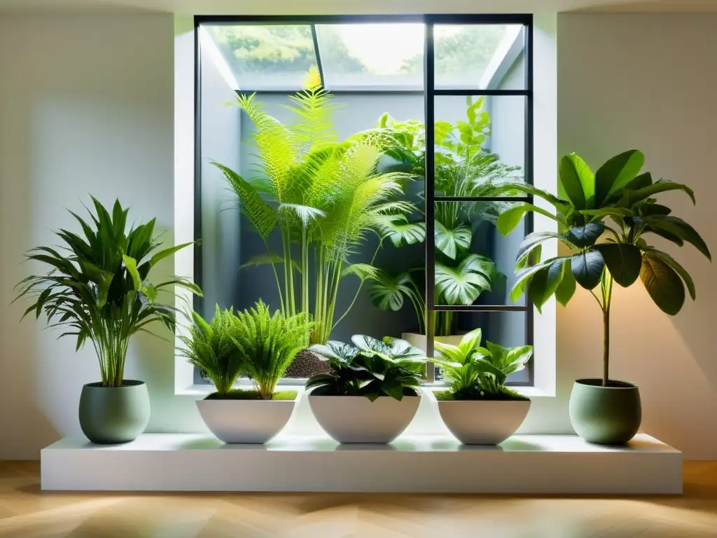 Un jardín interior sereno y minimalista con plantas verdes exuberantes en elegantes macetas modernas