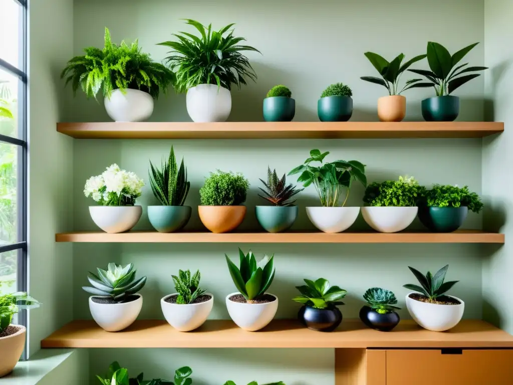 Un jardín interior sereno y minimalista con plantas exuberantes en macetas geométricas