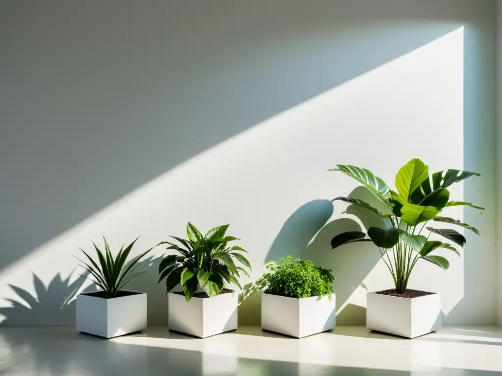 Un jardín interior sereno y minimalista con plantas verdes exuberantes en macetas geométricas, creando una atmósfera visualmente impactante y calmante