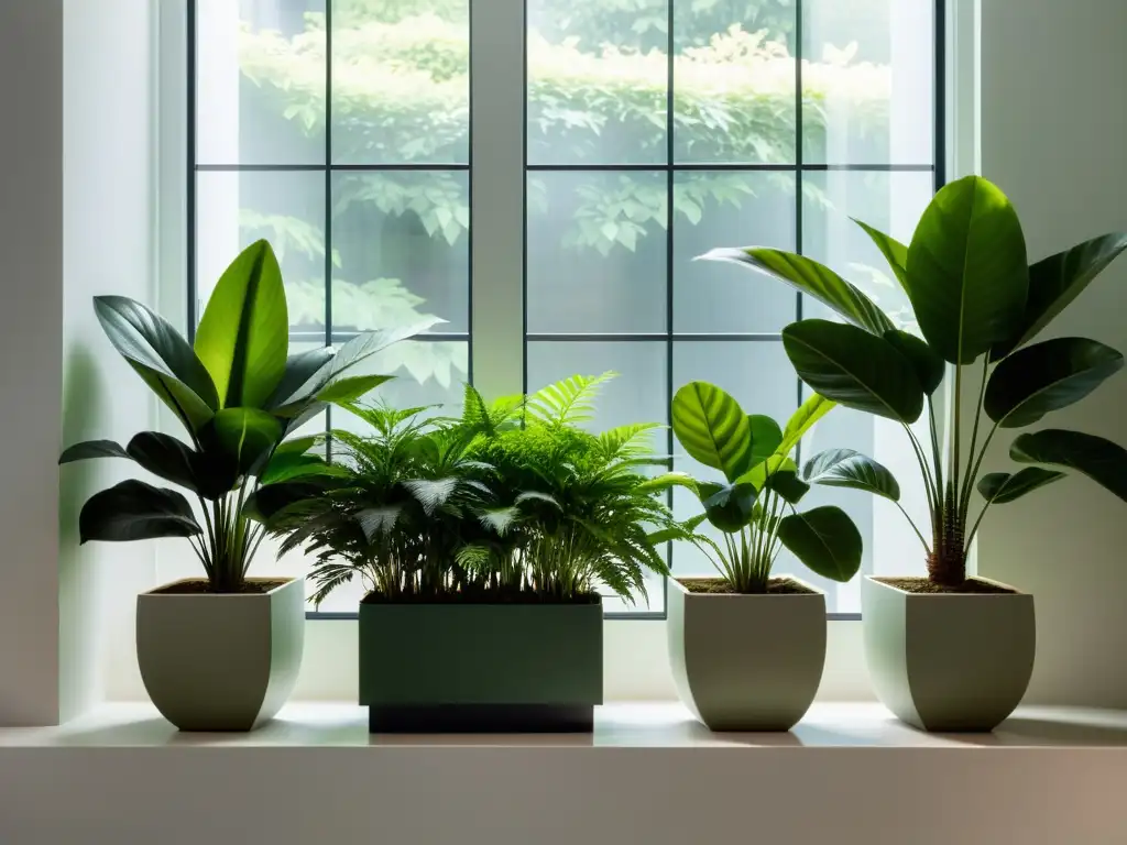 Un jardín interior sereno y minimalista, con plantas exuberantes en elegantes maceteros