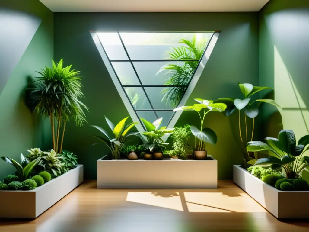 Un jardín interior sereno y minimalista con plantas verdes exuberantes en macetas geométricas, bañado por suave luz natural