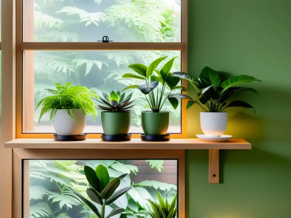 Un jardín interior sereno y minimalista con plantas de interior para meditación en un estante de madera