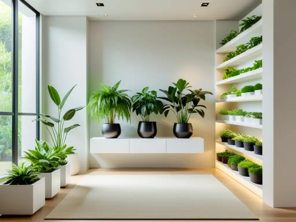 Un jardín interior sereno y minimalista con plantas verdes exuberantes en macetas modernas