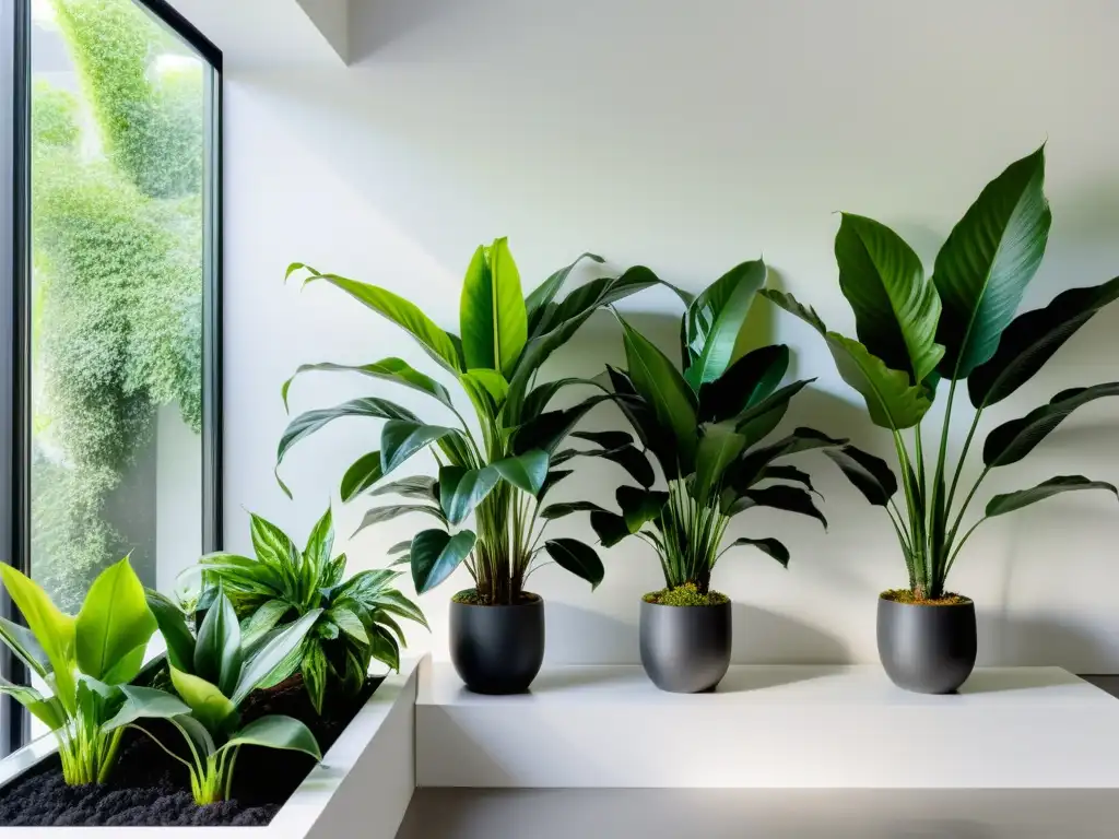 Un jardín interior sereno y minimalista con plantas verdes exuberantes en macetas modernas, iluminado por luz natural suave