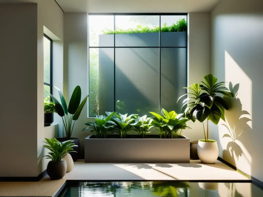 Un jardín interior sereno y minimalista con plantas exuberantes en modernos maceteros