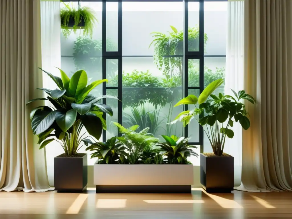 Un jardín interior sereno y minimalista con plantas verdes en macetas modernas, bañadas por suave luz natural