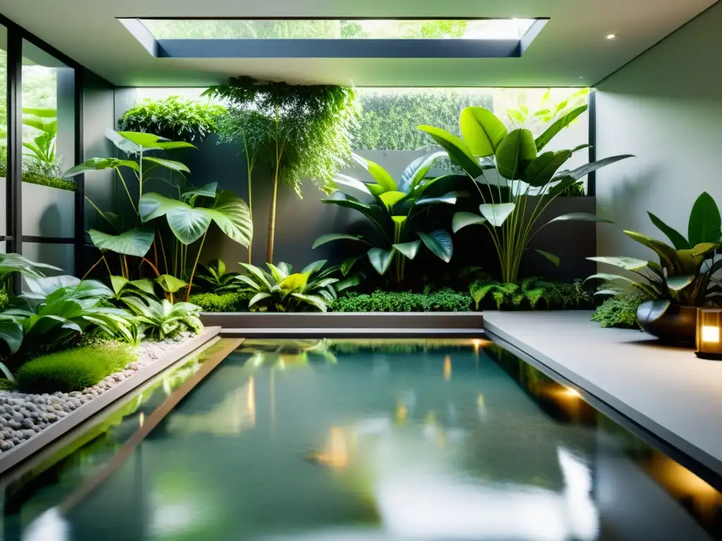 Un jardín interior sereno y minimalista con plantas exuberantes, luz natural suave y una atmósfera tranquila