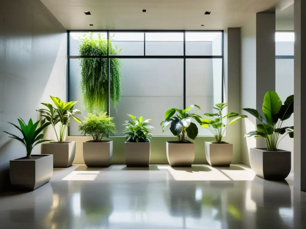 Un jardín interior sereno y minimalista con plantas verdes exuberantes en macetas modernas