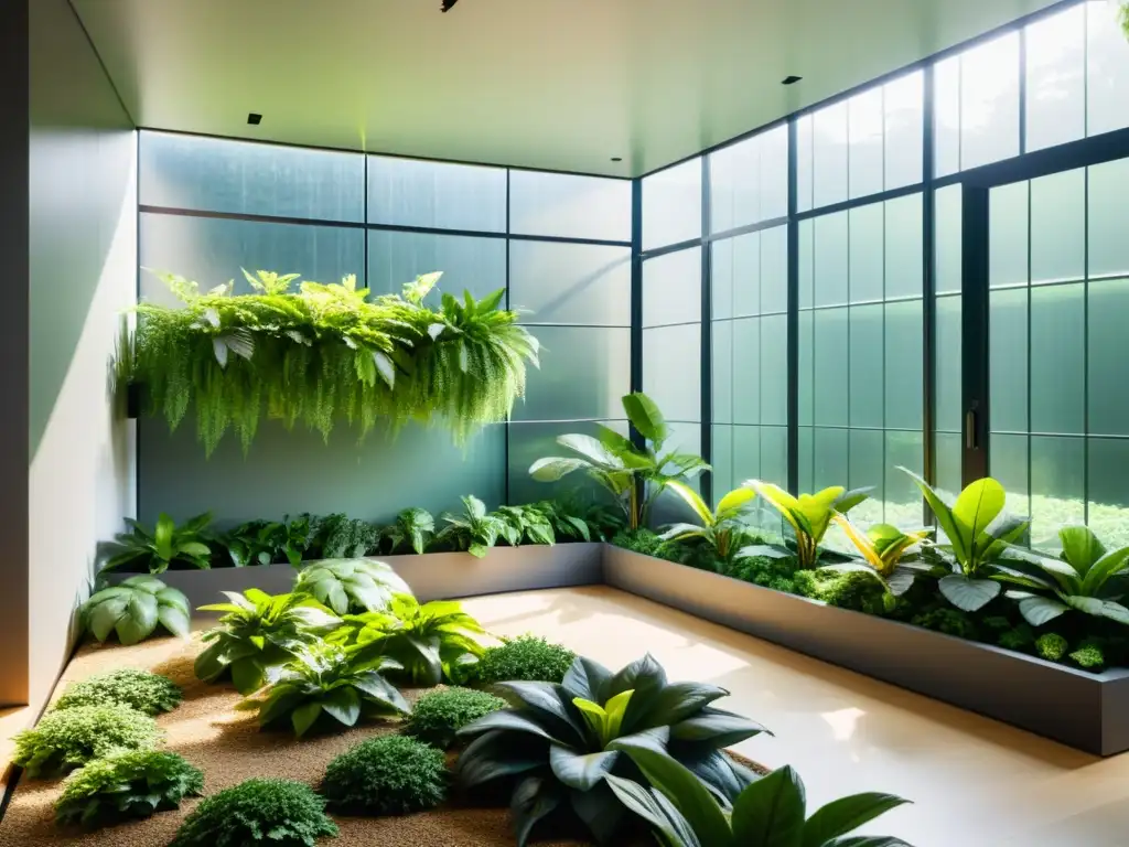 Un jardín interior sereno y minimalista con plantas exuberantes en un espacio moderno