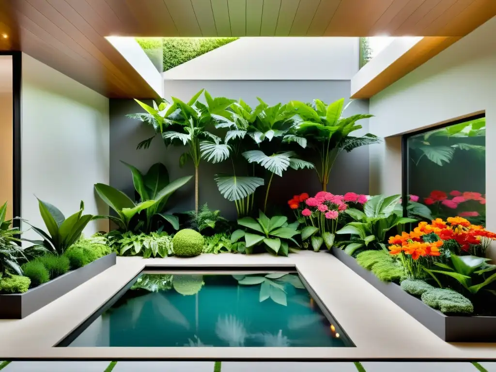 Un jardín interior sereno y minimalista con una variedad de flores y plantas de colores vibrantes, creando un diseño armonioso y equilibrado