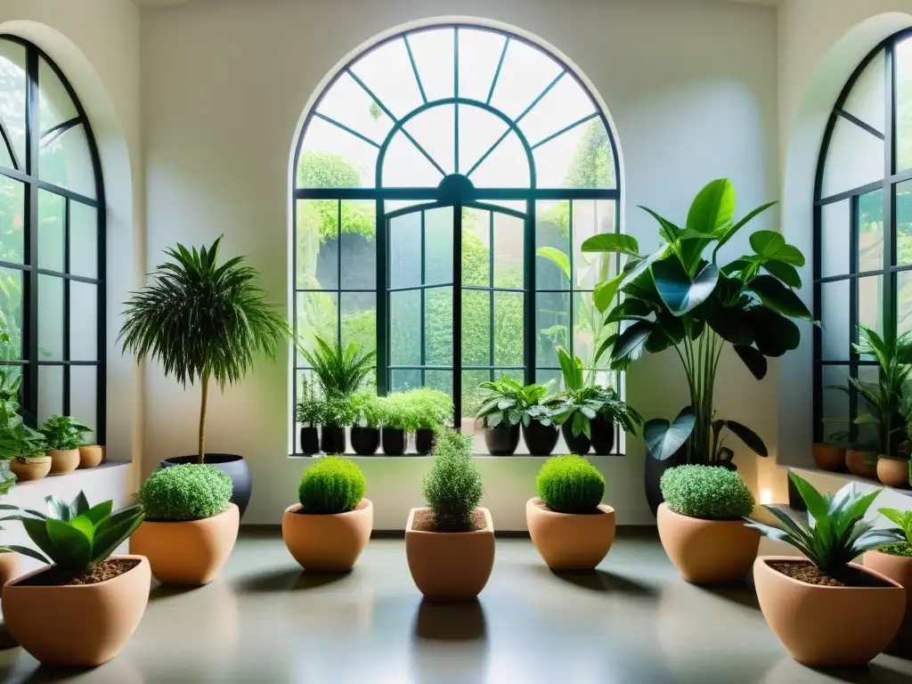 Jardín interior sereno con plantas en armonía simétrica, iluminado naturalmente