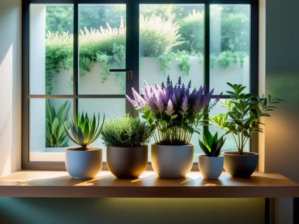 Un jardín interior sereno con plantas aromáticas como lavanda, eucalipto y menta en elegantes macetas