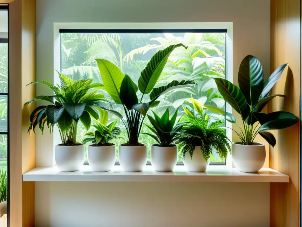 Un jardín interior sereno con plantas de clima frío para interiores en macetas blancas minimalistas, bañado por suave luz natural