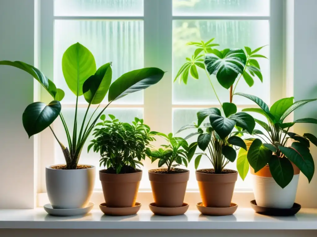 Jardín interior sereno con plantas en equilibrio y gotas de agua, ideal para control de humedad en jardines interiores