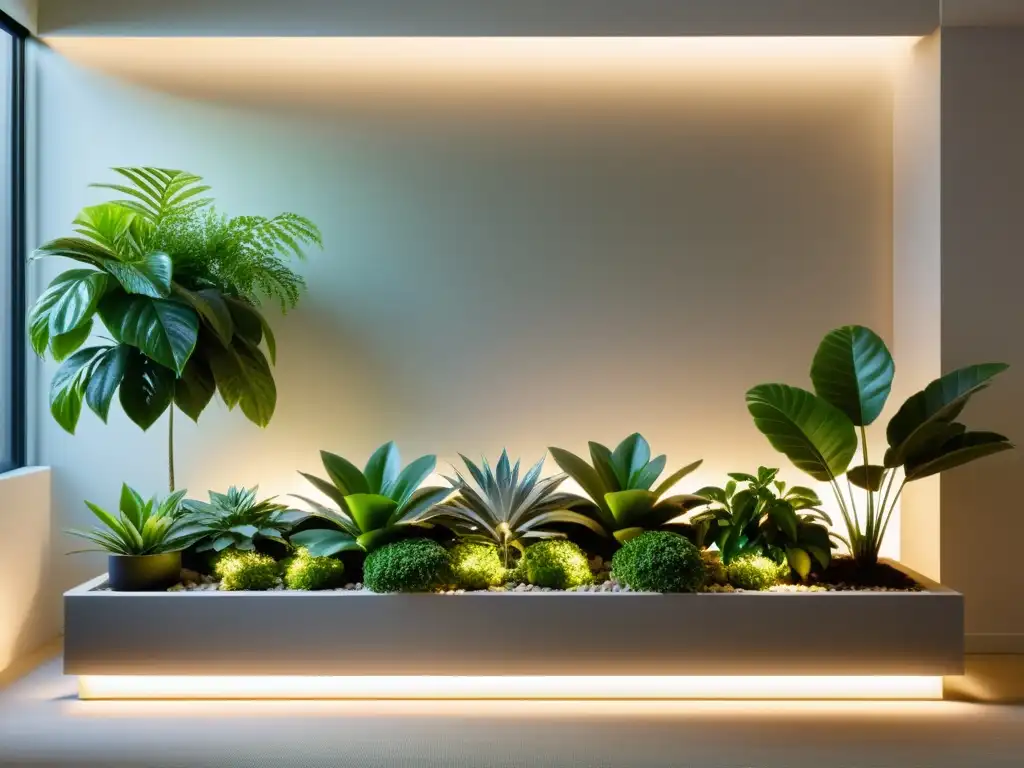 Un jardín interior sereno con plantas exuberantes iluminadas por una cálida luz artificial, creando una atmósfera tranquila y elegante