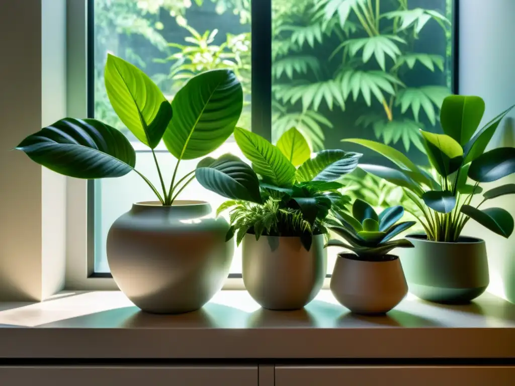 Un jardín interior sereno con plantas exuberantes en macetas modernas y una mesa minimalista