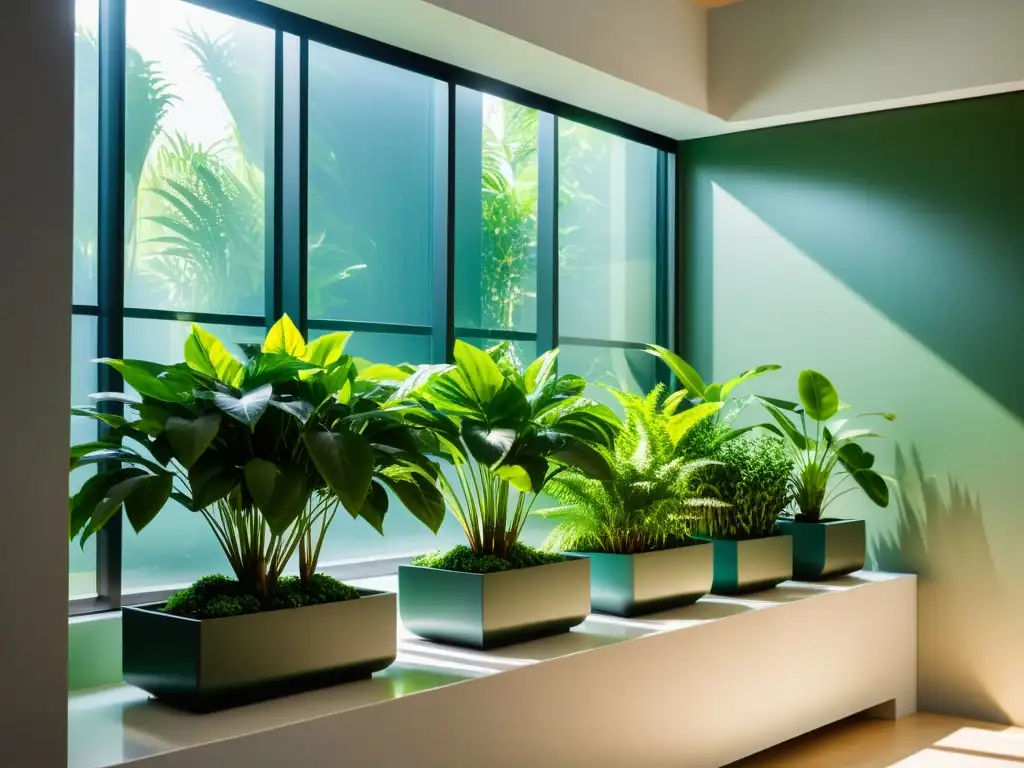 Jardín interior sereno con plantas exuberantes en macetas modernas, iluminado por la luz solar