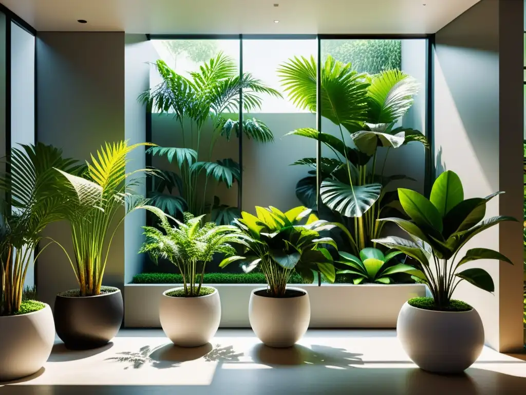 Jardín interior sereno con plantas exuberantes en macetas modernas, iluminado por luz natural